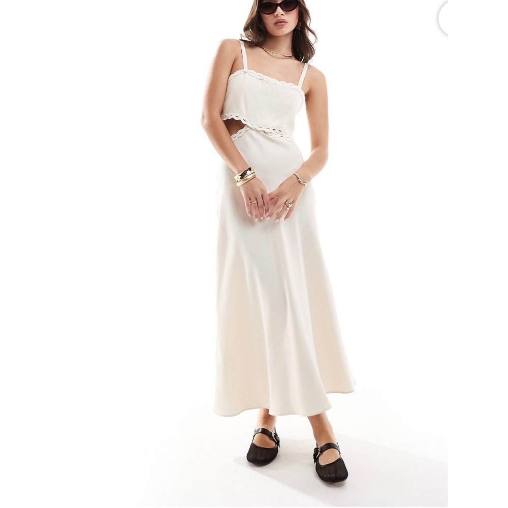 Mango Cutout Maxi Dress Women 2 Cream Scalloped Embroidered Trim Minimalist Boho